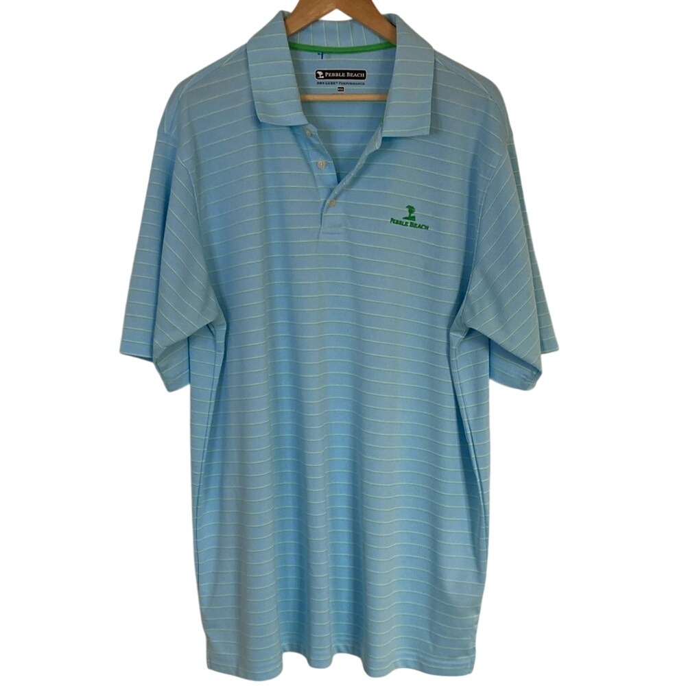 Pebble Beach Mens Dry Luxe Performance Polo Shirt Size XXL‎ Blue Stripe Logo